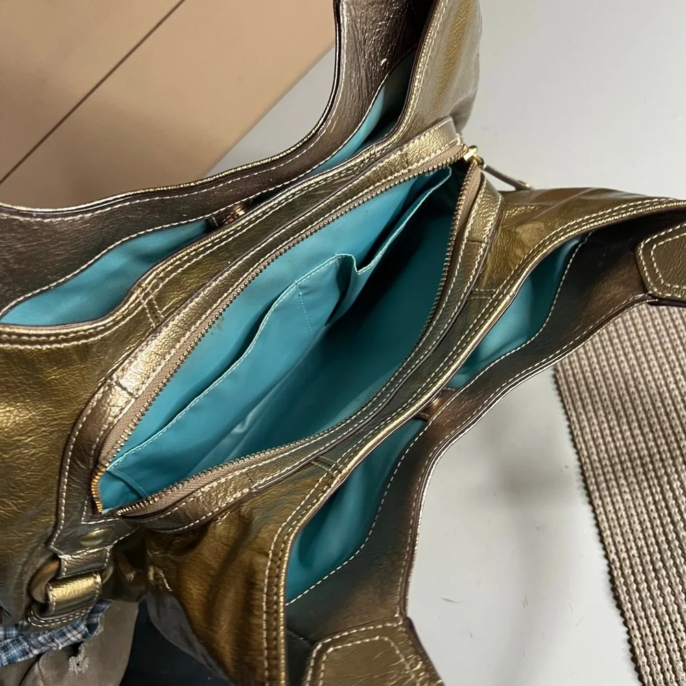 Coach Metallic Gold Leather Hobo Shoulder Bag Turquoise Lining 14381